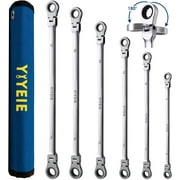 6-Piece Extra Long Flex-Head Ratcheting Wrench Set, Metric, 8mm–19mm, 72 Tooth, Chrome Vanadium Steel with Storage Roll