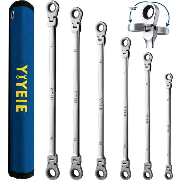 6-Piece Extra Long Flex-Head Ratcheting Wrench Set, Metric, 8mm–19mm, 72 Tooth, Chrome Vanadium Steel with Storage Roll