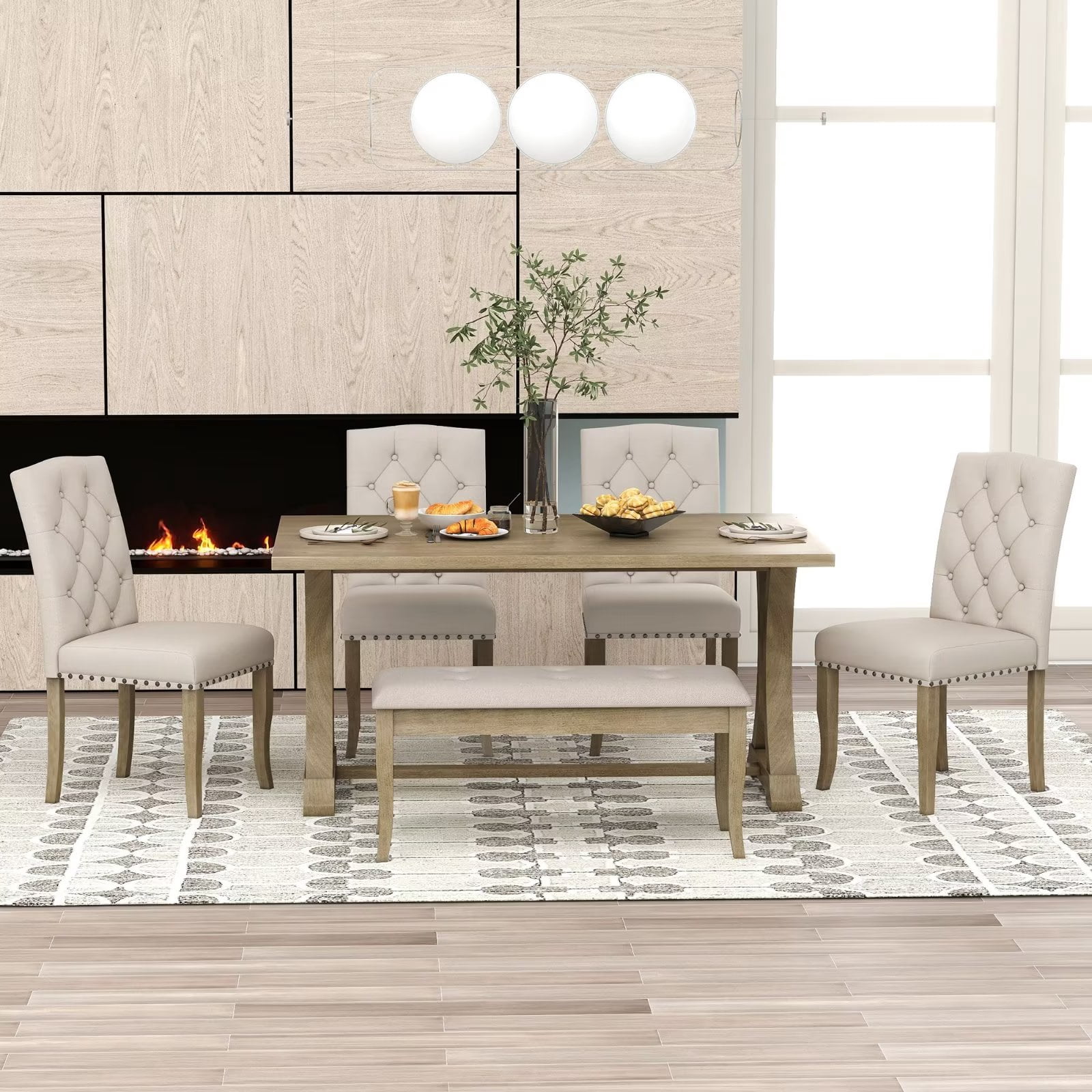 6-Piece Rectangular Farmhouse Dining Table Set, Trestle Table, 4 ...