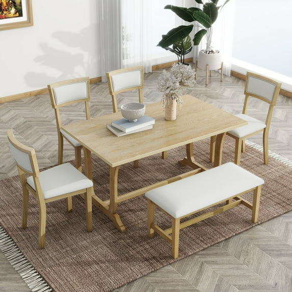 6-Piece Farmhouse Rectangular, 72" Wood Dining Table Set, 4 Upholstered Chairs & Bench, Easy to Assemble, for Living, Guest Room, Home Bar and Kitchen (Brown Beige)