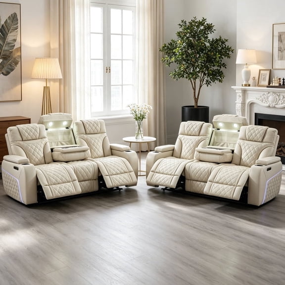 6-Piece Faux Leather Power Reclining Sofa Set with Adjustable Headrests, Wireless Charger, USB Ports, LED Lights, Beige
