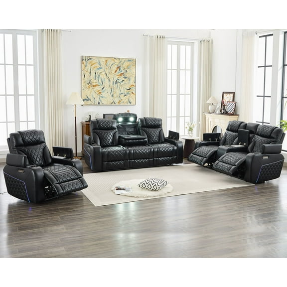 6-Piece Faux Leather Power Reclining Sofa Set with Adjustable Headrests, Wireless Charger, USB Ports, LED Lights, Black