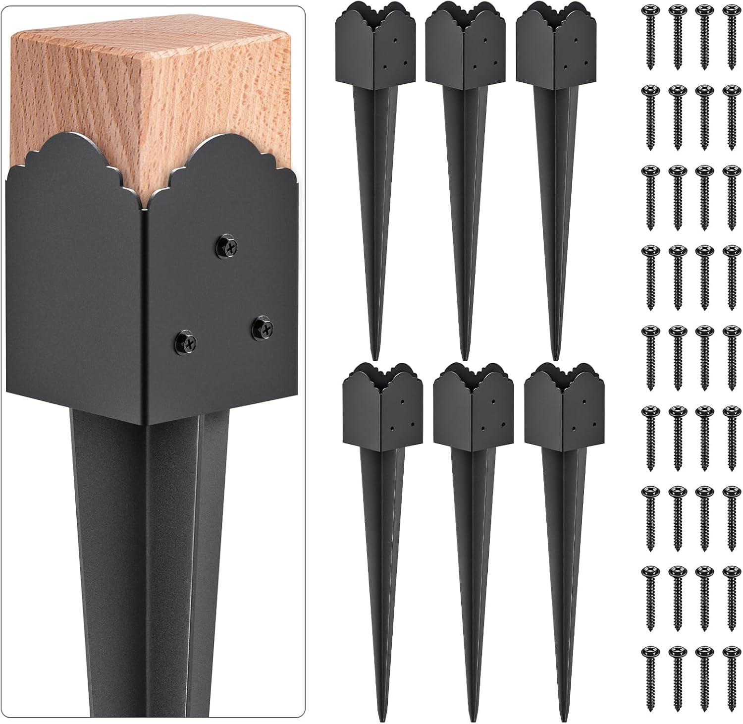 6-Piece Fence Post Anchors - Black Powder Coated 4x4 Spike, Heavy Duty ...