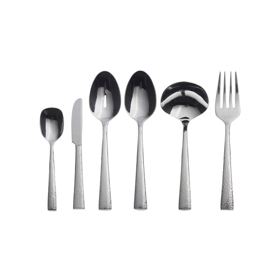 6-Piece Flatware Serving Set with Mirror Finish and Hammered Handles, Modern Industrial Style