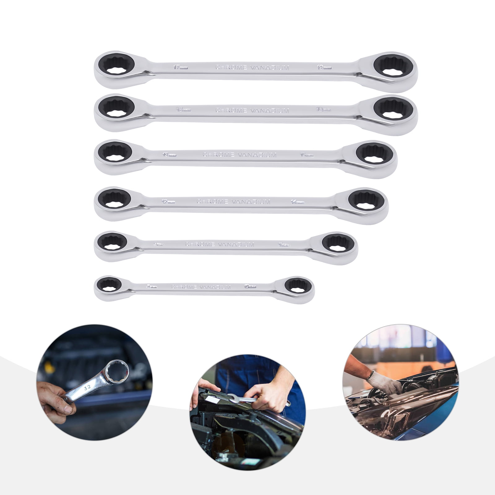 6-Piece Flex-Head Extra Long Ratcheting Wrenches Double Box End  45#Steel 72-Tooth Wrench Set with Metric 8mm - 19mm