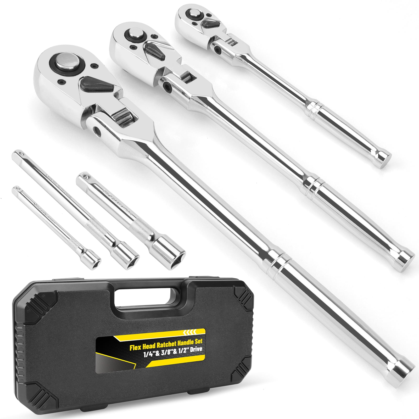 6-Piece Flex Head Ratchet Set, 1/4", 3/8", 1/2" Drive, Swivel Head Ratchet Wrench with Extension Bar, 72 Tooth, 180° Adjustable, Quick-Release, Flexible Ratchet Handle