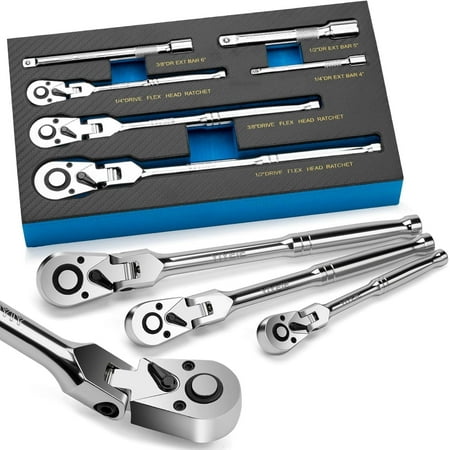 6-Piece Flex Head Ratchet Set, 1/4", 3/8", 1/2" Drives, 72-Tooth Swivel Head Wrenches with Extension Bar, 180° Adjustable Quick-Release Flexible Handles, Includes EVA Foam Storage