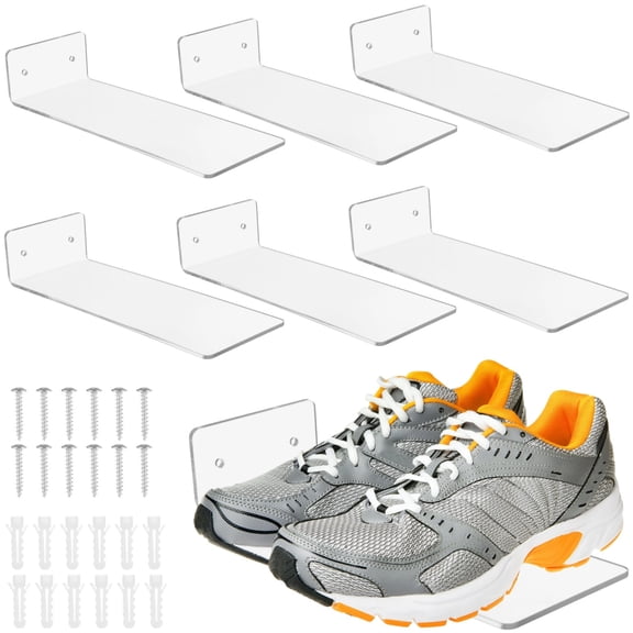 6 Piece Floating Shelf Set, Clear Acrylic Wall Mount for Sneaker Display, Transparent Shoe Organizer Racks for Wall, Minimalist Holder for Collection