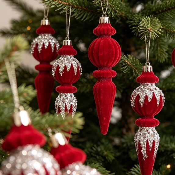 6-Piece Flocked Red Finial Drop Christmas Ornaments, Velvet Teardrop Baubles with Rich Plush Texture, Hanging Tree Decor for Warm Holiday Displays