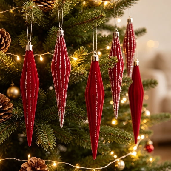 6-Piece Flocked Red Finial Drop Christmas Ornaments, Velvet Teardrop Baubles with Rich Plush Texture, Hanging Tree Decor for Warm Holiday Displays