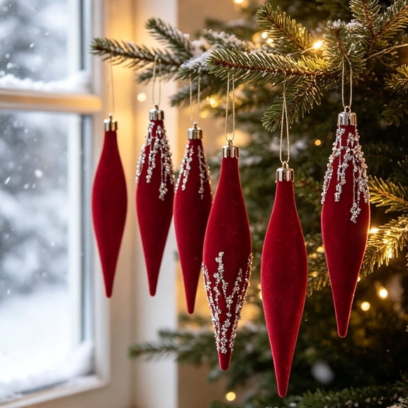 6-Piece Flocked Red Finial Drop Christmas Ornaments, Velvet Teardrop Baubles with Rich Plush Texture, Hanging Tree Decor for Warm Holiday Displays