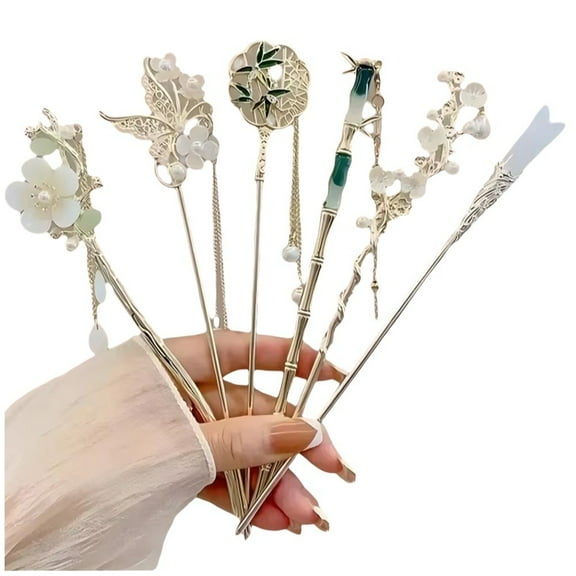 6-Piece Floral Chinese Hair Sticks with Tassels, Traditional Hair Pins for Women