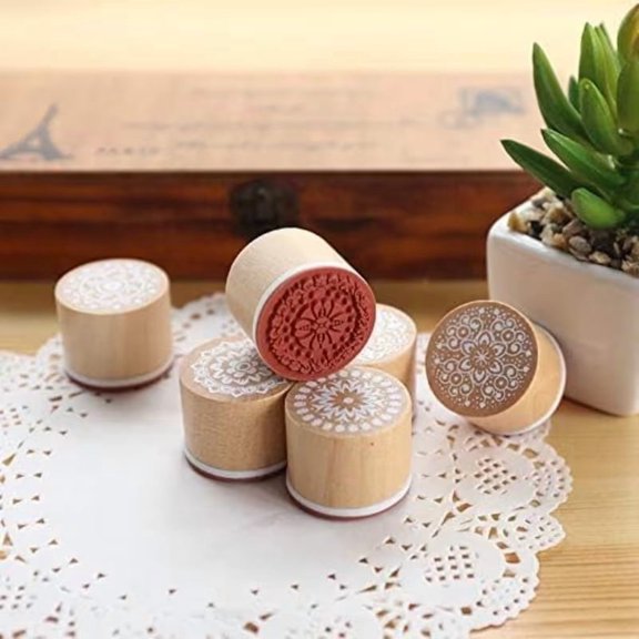 6-Piece Floral Lace Wooden Rubber Stamps Set for Scrapbooking Card Making DIY Craft Projects - Round & Square Patterns Compatible with Ink Pads