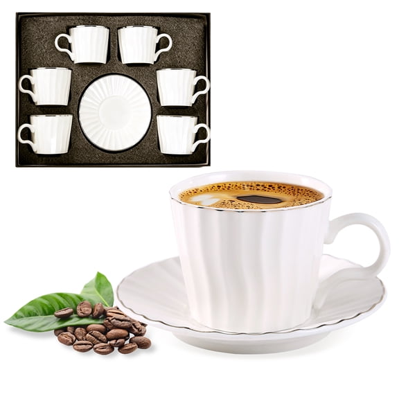 6-Piece Fluted Ceramic Coffee Cup & Saucer Set - White Porcelain with Golden Rim, Sturdy Handle, Elegant Gift Box Set for Coffee/Tea, Housewarming & Business Gifts