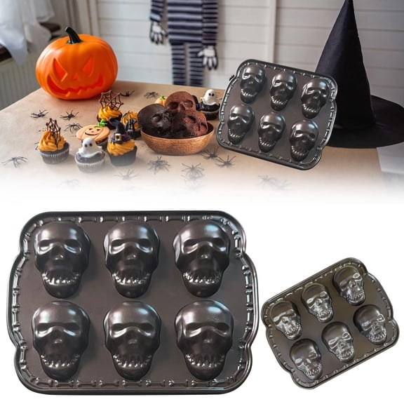 6 Piece Food-Grade Silicone Skull Cake Mould Set, Large Skull Shaped Baking Mold For Halloween Birthday Party Dessert