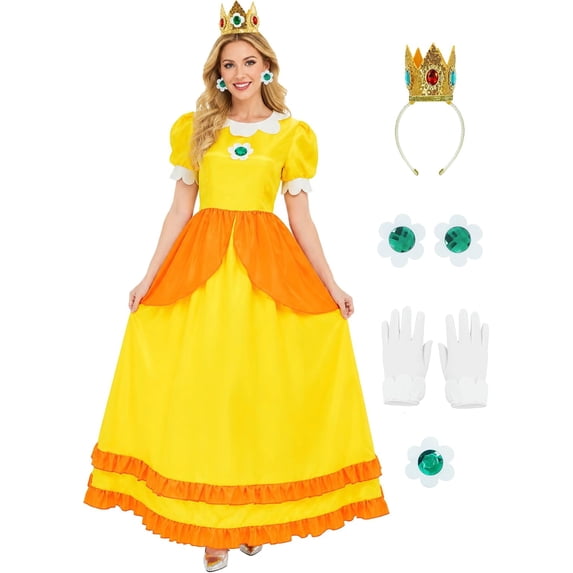 6-Piece Galaxy Princess Cosplay Costume Set for Women, Satin Cosplay Party Gown with Crown, Star Wand & Accessories, Complete Halloween Dress-Up Outfit (Yellow)