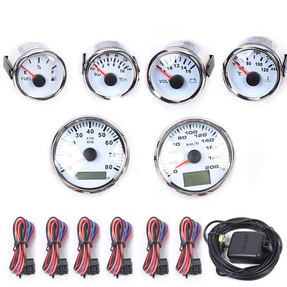 6-Piece Gauge Kit for 1-9 Cylinder Engines, Contains Oil Pressure Gauge, Speedometer, Fuel Level Gauge, Water Temperature Gauge, Tachometer, and Volt Gauge