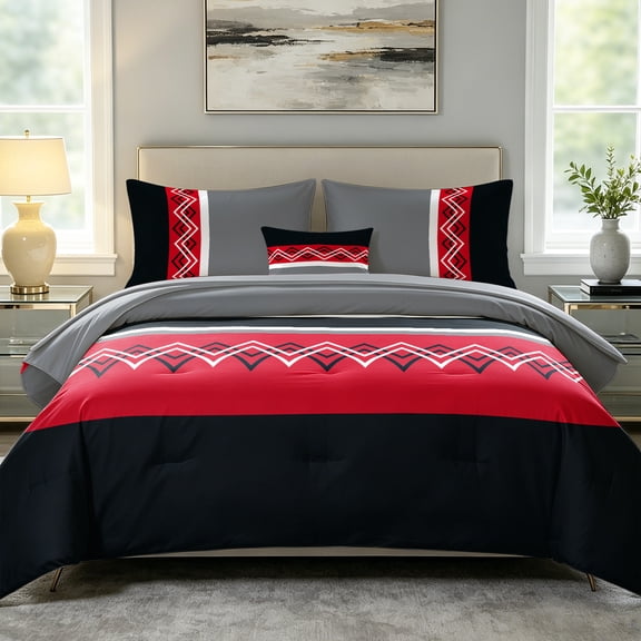 Davulos King Size Comforter Set,6 Pieces Geometric Pattern Red King Bed in Bag Set with Comforter, Flat Sheet, Fitted Sheet, 2 Pillowcases & 1 Decorative Pillowcase