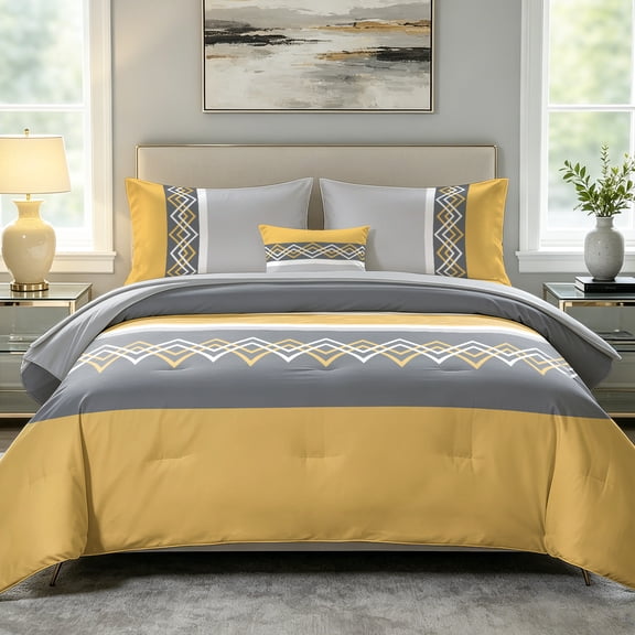 Davulos King Size Comforter Set,6 Pieces Geometric Pattern Yellow King Bed in Bag Set with Comforter, Flat Sheet, Fitted Sheet, 2 Pillowcases & 1 Decorative Pillowcase