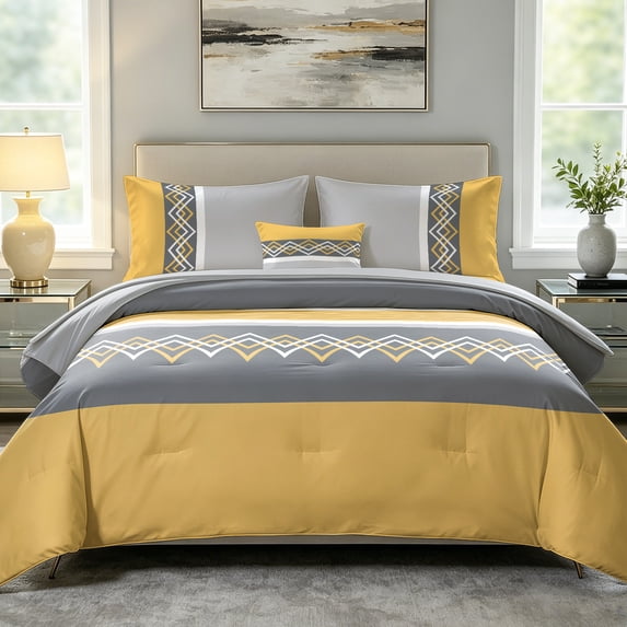 Davulos King Size Comforter Set,6 Pieces Geometric Pattern Yellow King Bed in Bag Set with Comforter, Flat Sheet, Fitted Sheet, 2 Pillowcases & 1 Decorative Pillowcase