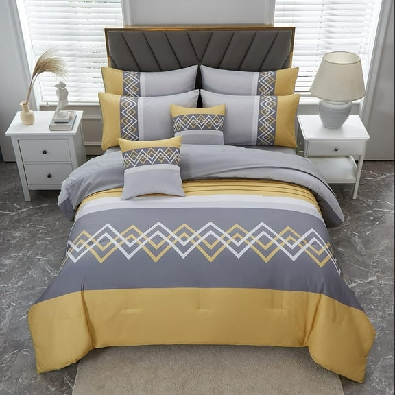 Davulos 6 Piece Geometric Pattern Yellow Comforter Set，Queen Bed in a Bag Set , Stylish Bedding Set with Comforter, Flat Sheet, Fitted Sheet, 2 Pillowcases & 1 Decorative Pillowcase