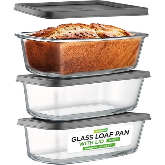 6 Piece Glass Loaf Pans for Baking Bread - 7.6 Cups Stackable Glass Bread Loaf Pan - 3 loaf Pan with 3 Lids - Oven & Microwave Safe, Dishwasher Safe - Clear