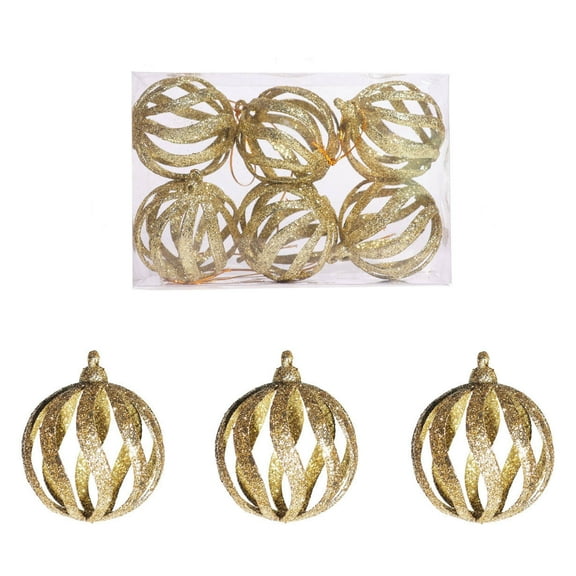 6-Piece Gold Glitter Wave Christmas Ornaments, 6cm Hollow Decorative Balls, Sparkling Xmas Tree Hanging Ornaments for Holiday and Party Decorations
