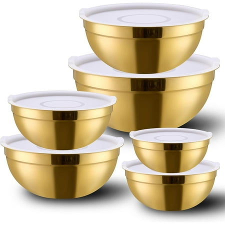 6 Piece Gold Mixing Bowls Set With Lids for Kitchen - Stainless Steel Ideal for Baking, Prepping, Cooking and Serving Food - Nesting Metal Bowls for Space Saving Storage