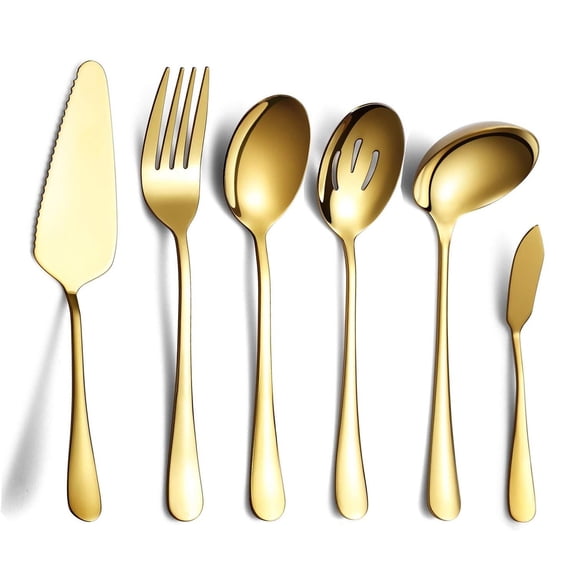 6-Piece Gold Serving Cutlery Silverware Set,Stainless Steel Serving Utensil Set for Parties Restaurant