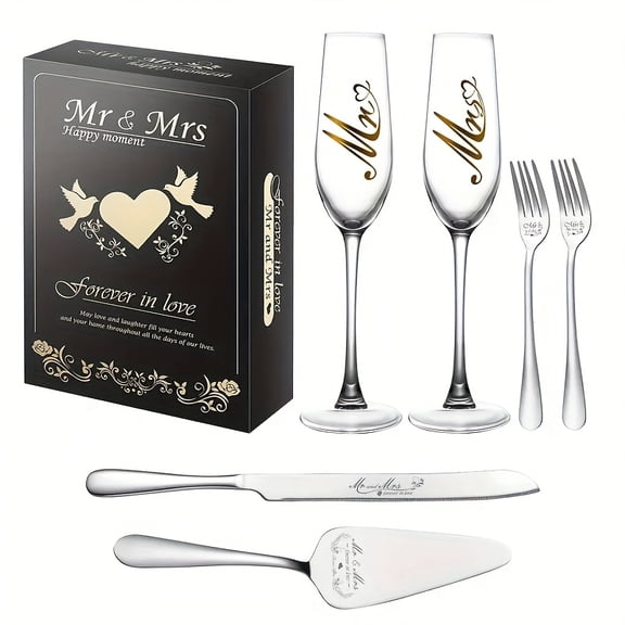 6-Piece Gold and Silver Deluxe Champagne Flutes Set, Wedding Gifts for Bride and Groom, Mr and Mrs Gifts, Comprising Toasting Glasses Pie Server Cake Knife Forks, Perfect for Couples Newlyweds Hosts