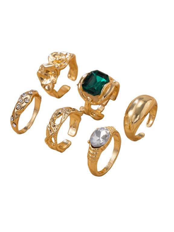 6 Piece Gold Tone Alloy Rings For Women Adjustable Opening Design With Rhinestones Daily Fashion Jewelry Gift