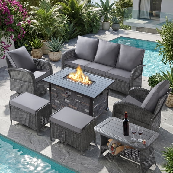 6-Piece Gray Patio Wicker Conversation Set with 48 Inch Propane Fire Pit Table, Swivel Chairs, Furniture Covers & Cushions