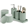thumbnail image 1 of 6-Piece Green Bathroom Set - Mesh Textured Resin Bathroom Accessories Set with Soap Dispenser, Toothbrush Holder, Cup, Vanity Tray & Apothecary Jars for Small Spaces, 1 of 16