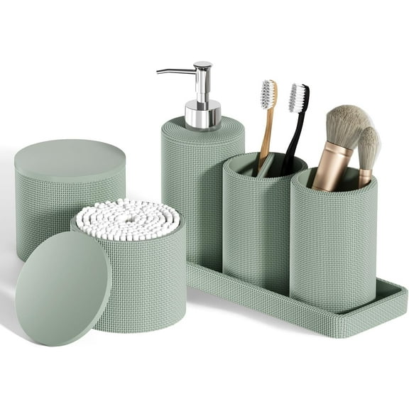6-Piece Green Bathroom Set - Mesh Textured Resin Bathroom Accessories Set with Soap Dispenser, Toothbrush Holder, Cup, Vanity Tray & Apothecary Jars for Small Spaces