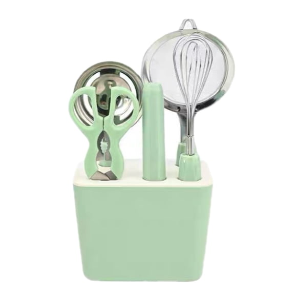 6 Piece Green Kitchen Gadget Set with Storage Box, Includes Whisk Fruit Knife Strainer Kitchen Scissors Egg Separator, Baking and Cooking Utensil Essentials