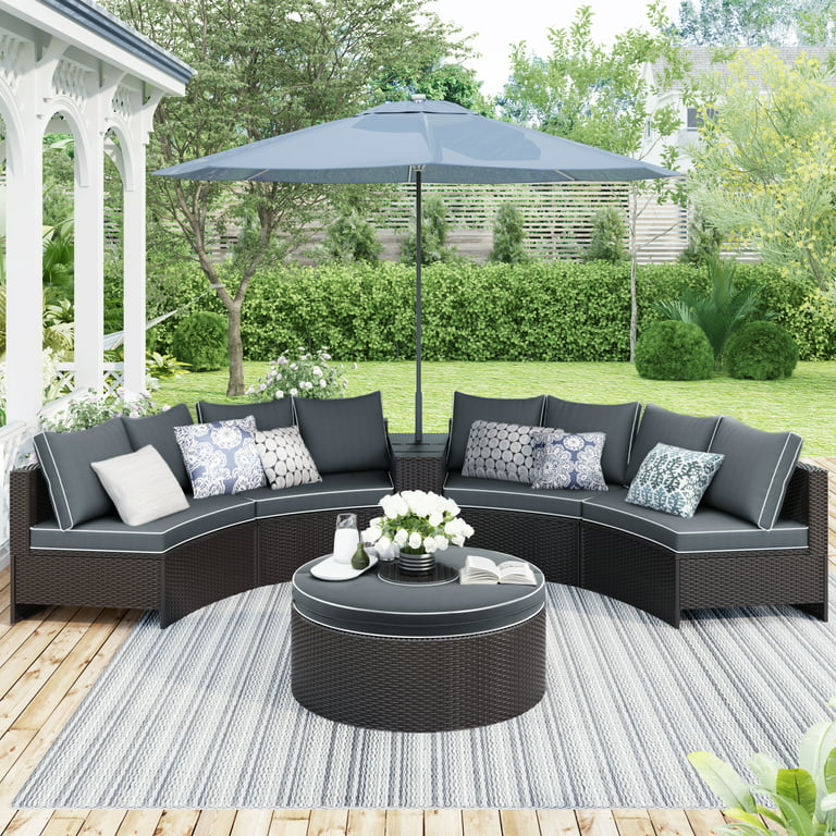 Btmway 6 Piece Outdoor Patio Sofa Furniture Set Pe Wicker Half Moon Sectional With Side Table For Umbrella Multifunctional