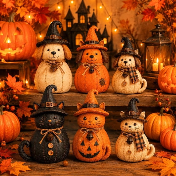 6-Piece Halloween Decorations Vintage Witch Cat & Dog Figurines, Rustic Fall Tabletop Decor Set, Cute Spooky Animal Statues for Indoor Autumn Home Mantel Room Display
