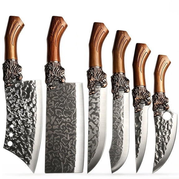 6-Piece Hand Forged Kitchen Knife Set, Hammer Pattern High Carbon Steel Chef Knives, Ultra Sharp Full Tang Butcher Knives for Home Cooking