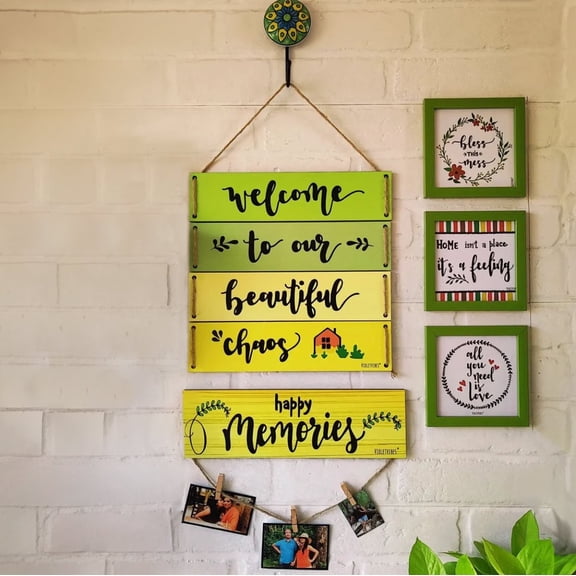 6 Piece "Happy Memories" Themed Wooden Wall Decoration Set - Includes 4-Plank Hanging Banner with Decorative Ceramic Hook, Plank with Photo Hanging Rope, and 3 Glass Hangable Framed Pictures