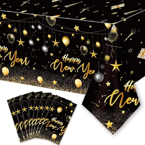 6 Piece Happy New Year Tablecloths Black Gold Disposable Plastic Table Covers 108 x 54 Inches
