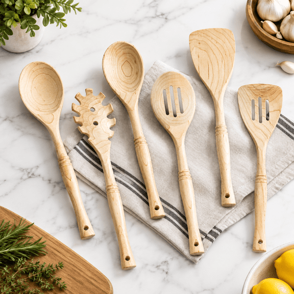 6 Piece Hard Maple Wood 12 Inch Kitchen Cooking Utensil Set For Nonstick Cookware