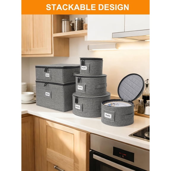 6-Piece Hard Shell China Storage Containers, Mug & Cup Organizer, Wine Glass Storage Boxes with Dividers & Carry Handles, Moving Boxes for Dinnerware, Glassware, and Stemware,Grey