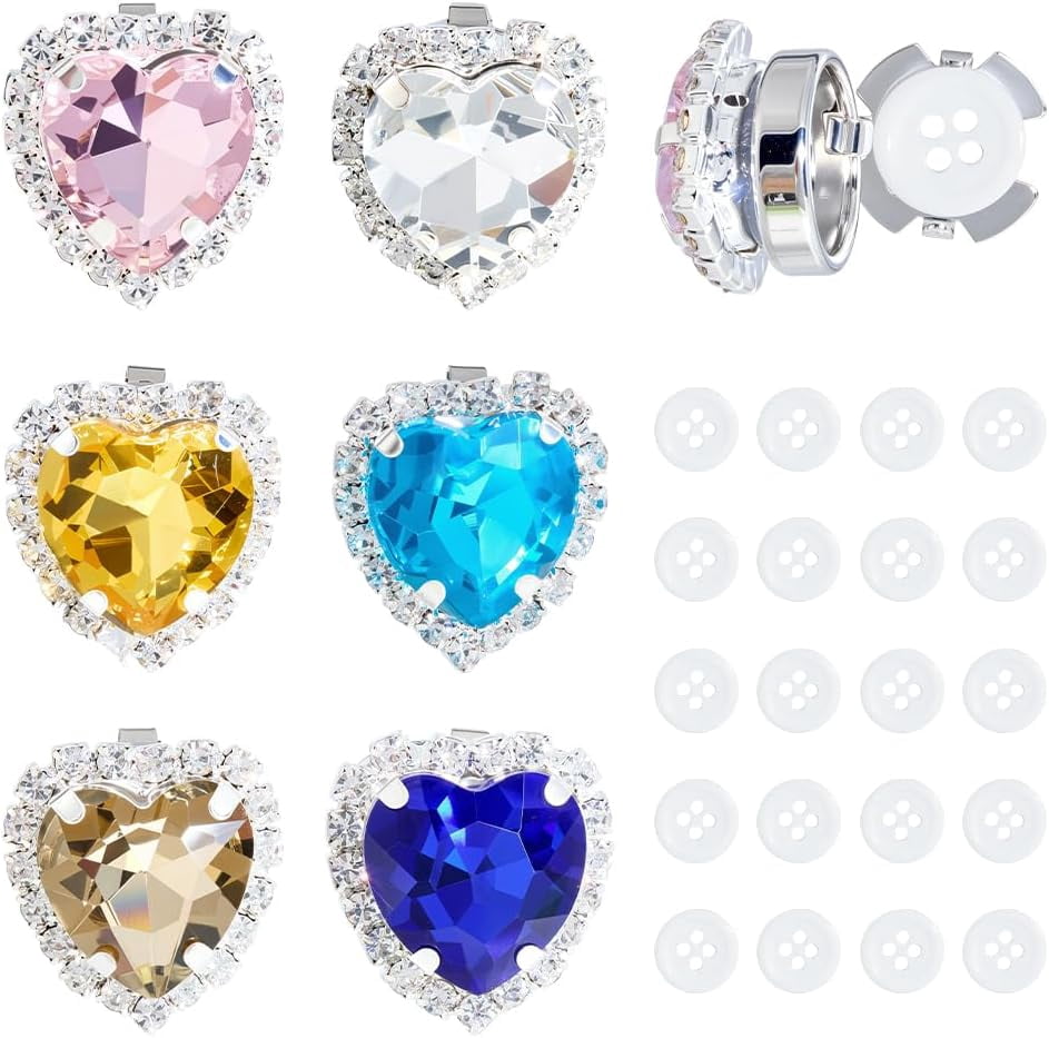 6-Piece Heart Rhinestone Button Covers Mixed Color Detachable Crystal Button Clips with 20 Sewing Buttons for Shirts