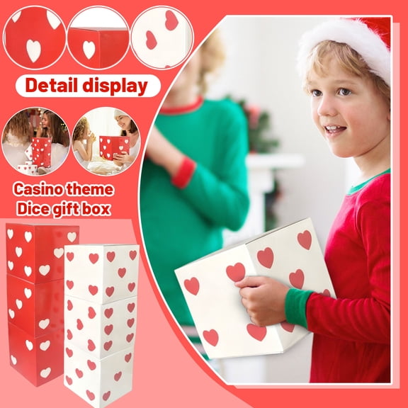 6-Piece Heart-Shaped Dice Gift Box, 7.08 inches, Casino Theme Party Supplies, Party Decorations, New Year's Centerpiece, Packaged in Red and White Design