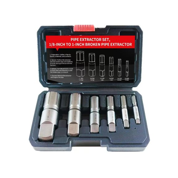 6-Piece Heavy Duty Pipe Extractor SetBroken Pipe Removal Tool Kit for Removing Damaged Threaded Pipes & Fittings from 1/8" to 1", Pipe Easy Out Extractor Set Ideal Tools for Plumbers Mechanics DIY