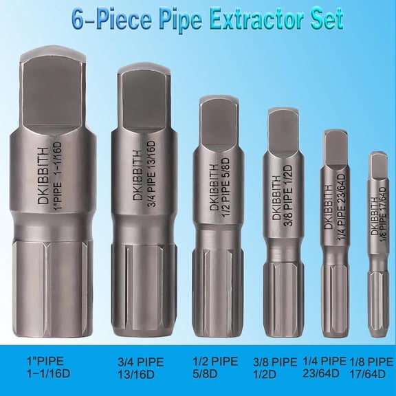 6-Piece Heavy Duty Pipe Extractor Set for Damaged Threaded Pipes & Fittings