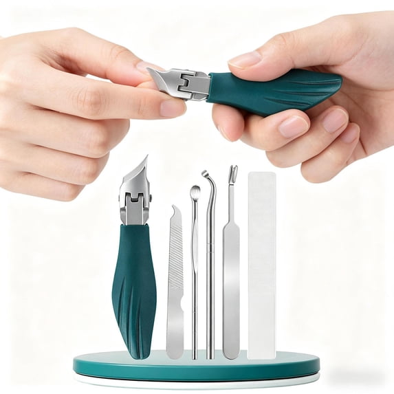 6-Piece Ingrown Toenail Clipper Set, Stainless Steel Beak Nail Clippers with Cuticle Pusher and Nail File for Thick Nails,Green
