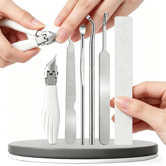 6-Piece Ingrown Toenail Clipper Set, Stainless Steel Beak Nail Clippers with Cuticle Pusher and Nail File for Thick Nails,White