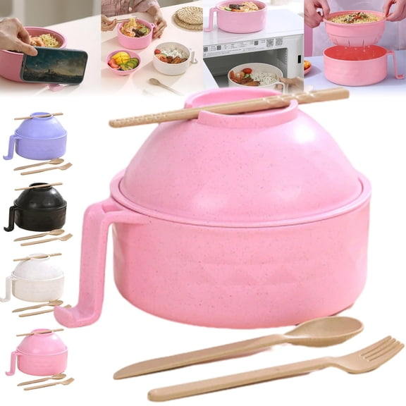 6-Piece Instant Noodle Bowl Set For Students, Large Wheat Fiber Ramen Bowl Canteen Tableware Set Soup With Spoon Fork Chopsticks Lid Drain Bowl, Large Capacity, Lightweight