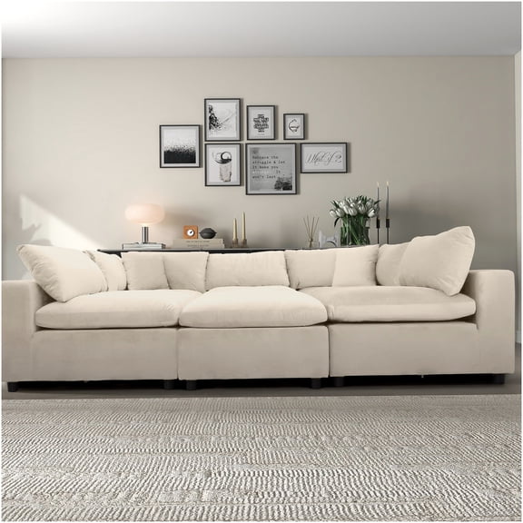 6-Piece Ivory Velvet Sectional Sofa Set, Soft Modular Corner Couch with Removable Pillows